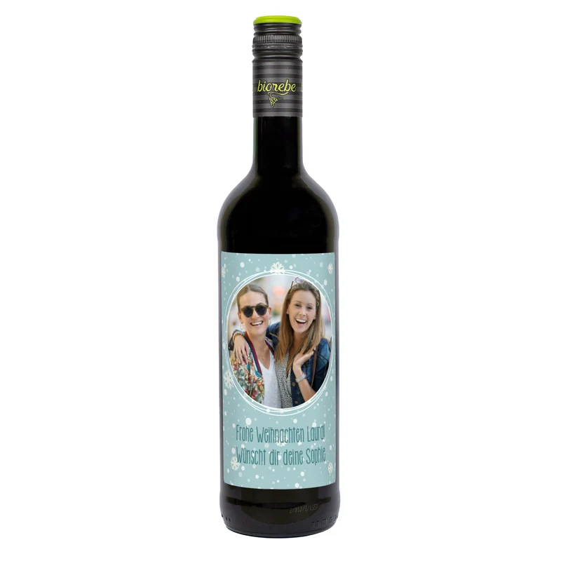 Weinflasche mit persönlichem Etikett und Foto zu Weihnachten | Biorebe Wein als Geschenk