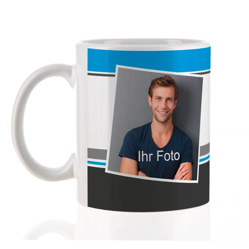 Fototasse mit Ihrem Wunschtext in Blau und Grau