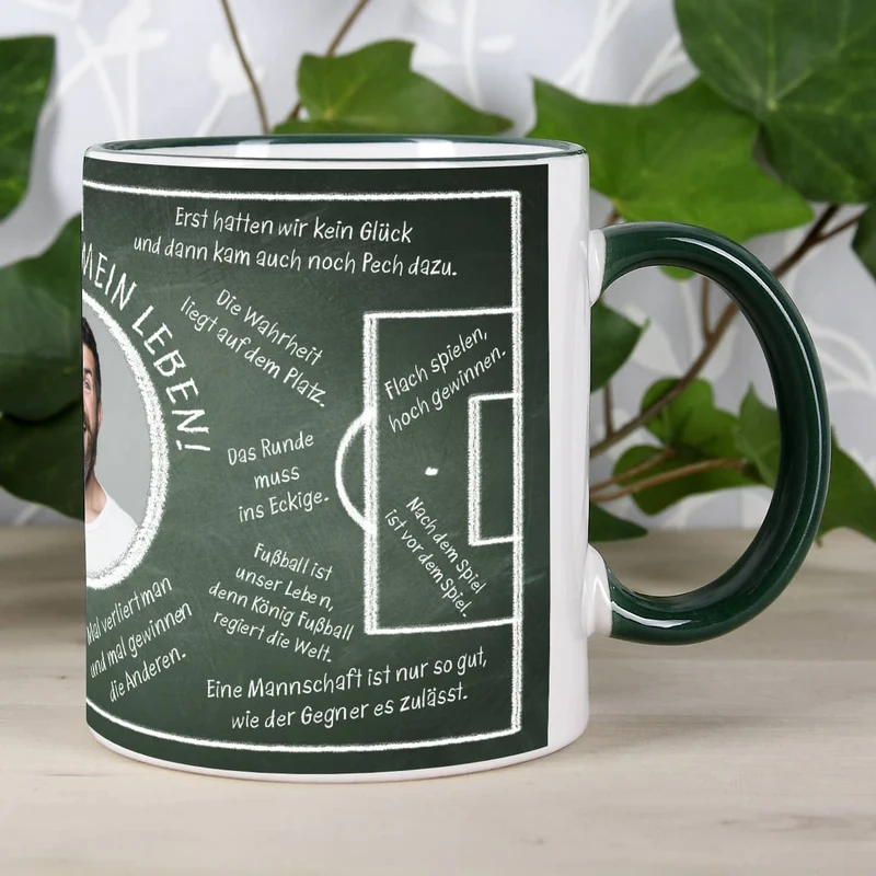 Fussball-Fan-Tasse bedruckt mit Fussballweisheiten und Wunschtext und Foto