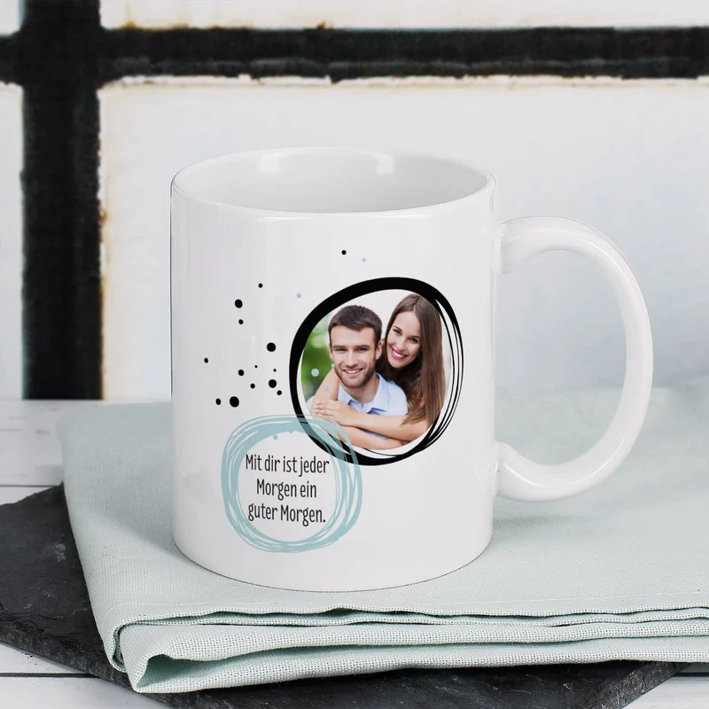 Weiße Keramiktasse mit Ihrem Foto und Wunschtext