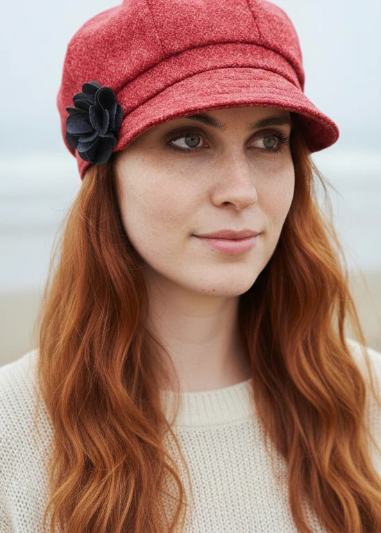 Ladies Mucros Newsboy Cap | Coral Tweed