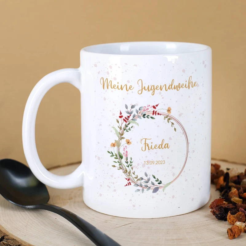 Tasse zur Jugendweihe mit Wildblumenmotiv im Watercolor Stil mit Name und Datum