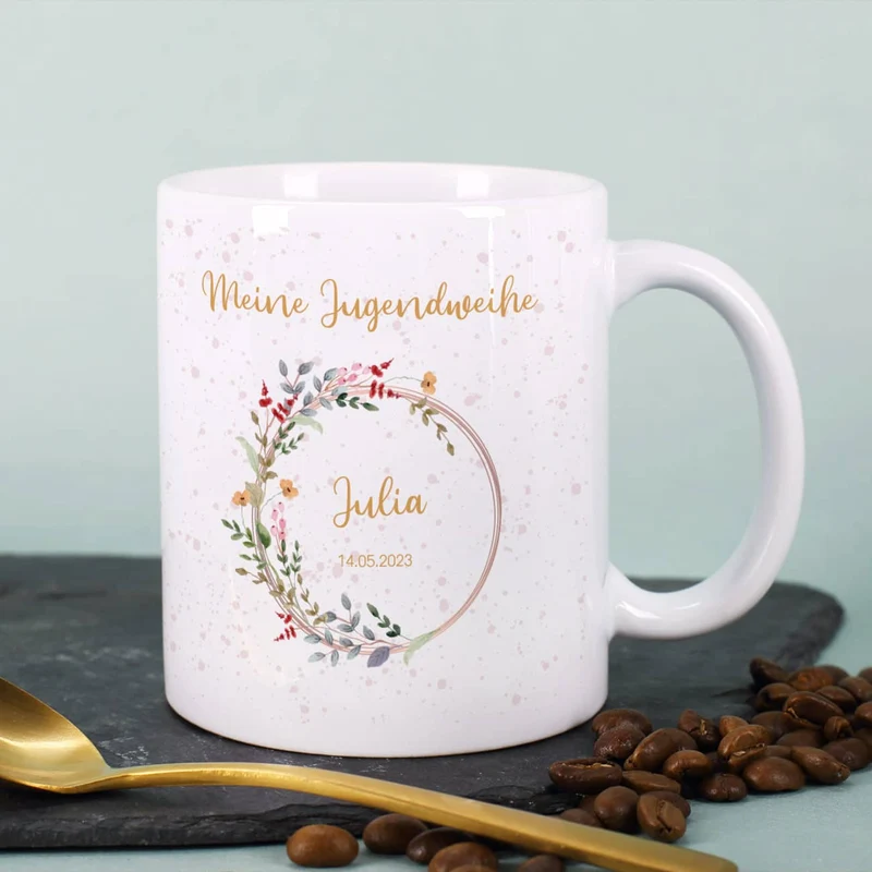 Tasse zur Jugendweihe mit Wildblumenmotiv im Watercolor Stil mit Name und Datum