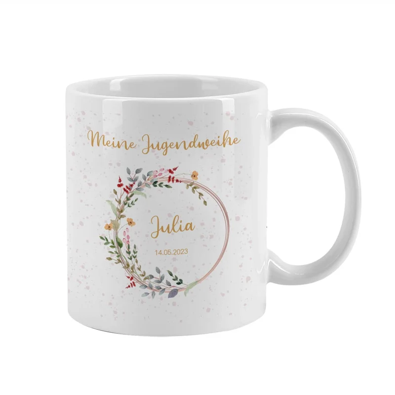 Tasse zur Jugendweihe mit Wildblumenmotiv im Watercolor Stil mit Name und Datum