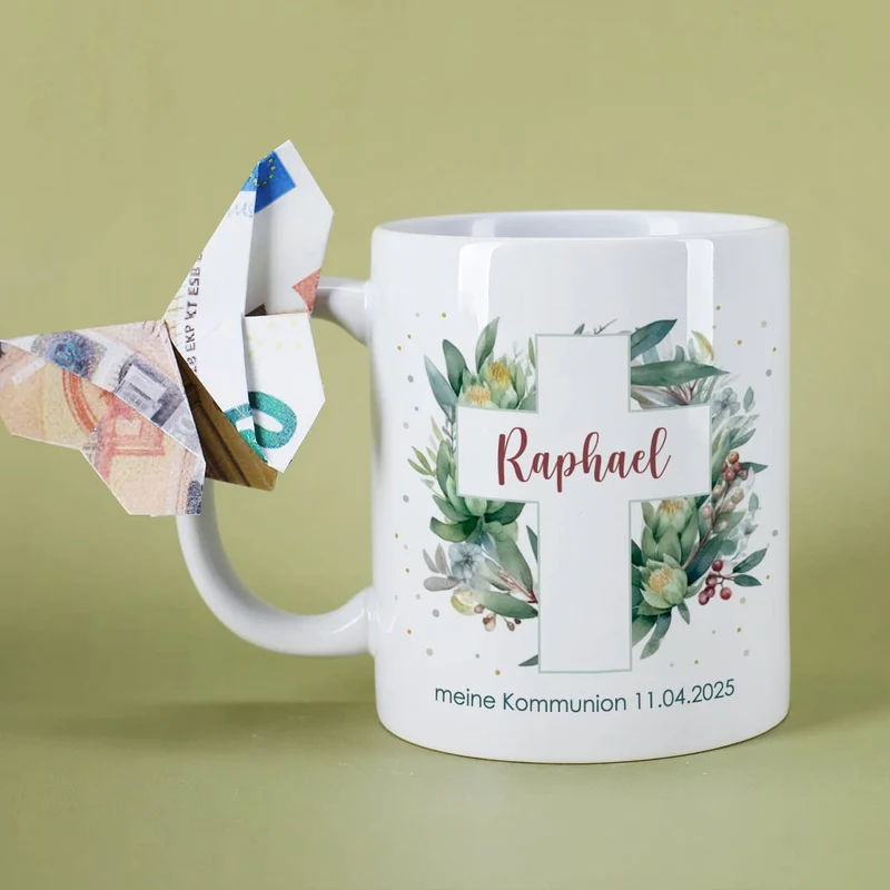 Tasse zur Kommunion oder Konfirmation mit Blätterkreuz-Motiv