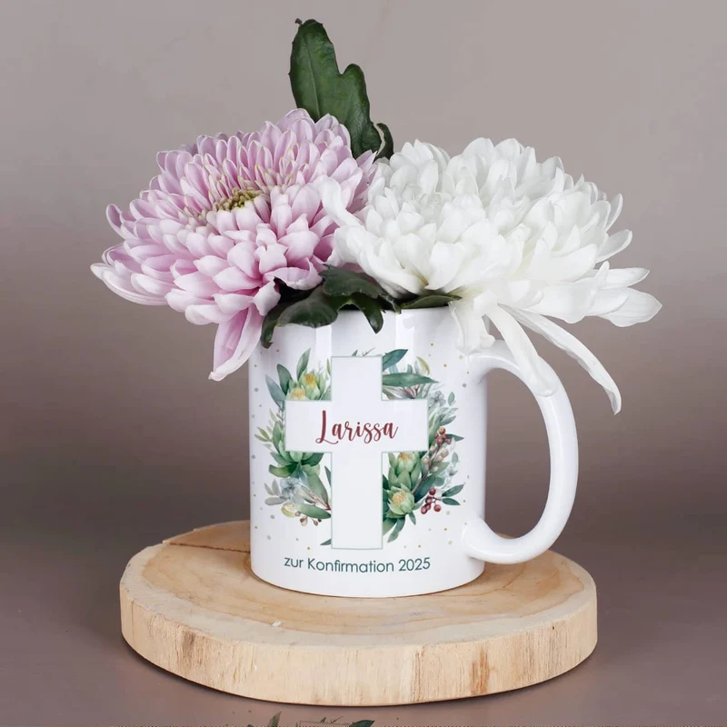 Tasse zur Kommunion oder Konfirmation mit Blätterkreuz-Motiv