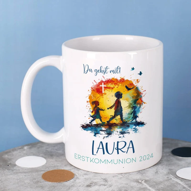 Tasse zur Kommunion 2026 - Du gehst mit - mit Name und Wunschtext