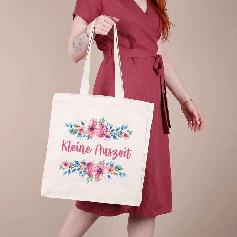 Große Baumwolltasche mit Blumenaufdruck und Ihrem Wunschtext
