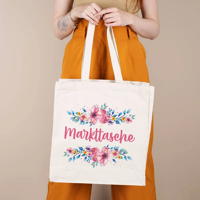 Große Baumwolltasche mit Blumenaufdruck und Ihrem Wunschtext