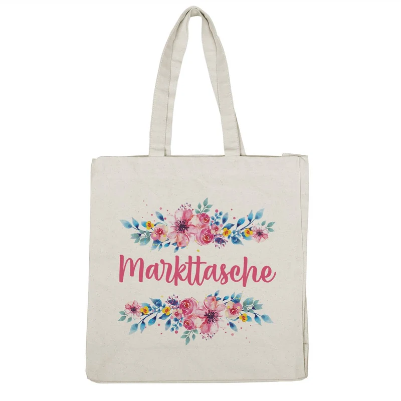 Große Baumwolltasche mit Blumenaufdruck und Ihrem Wunschtext