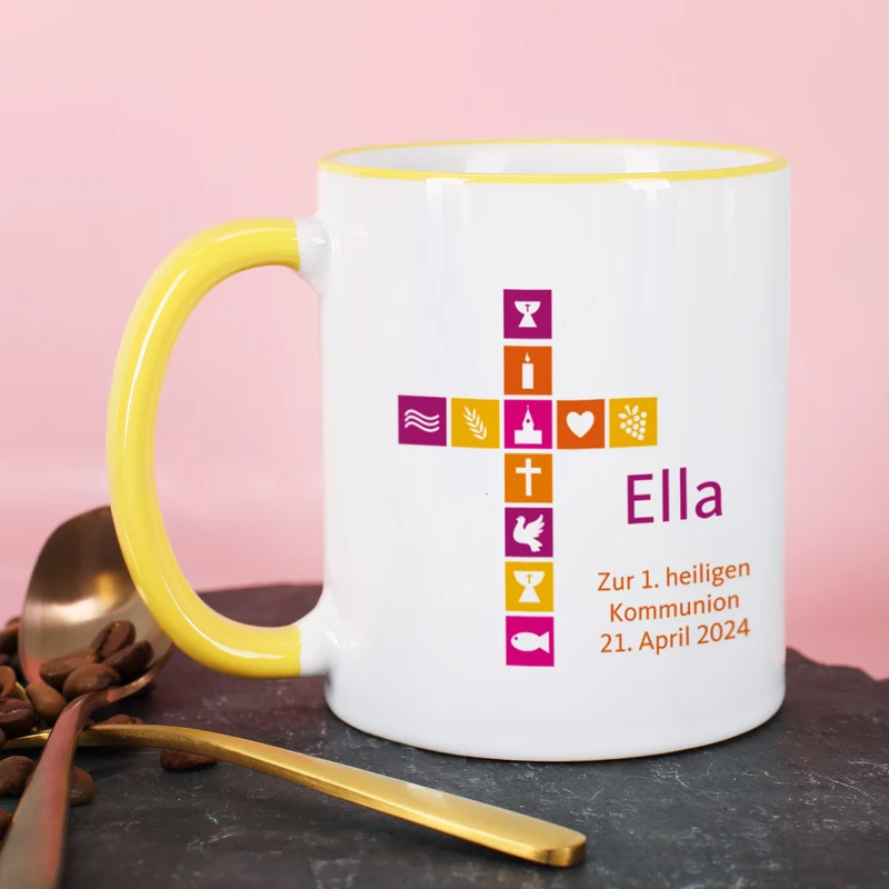 Tasse für Mädchen zu religiösem Anlass mit buntem Kreuz, Name und Wunschtext
