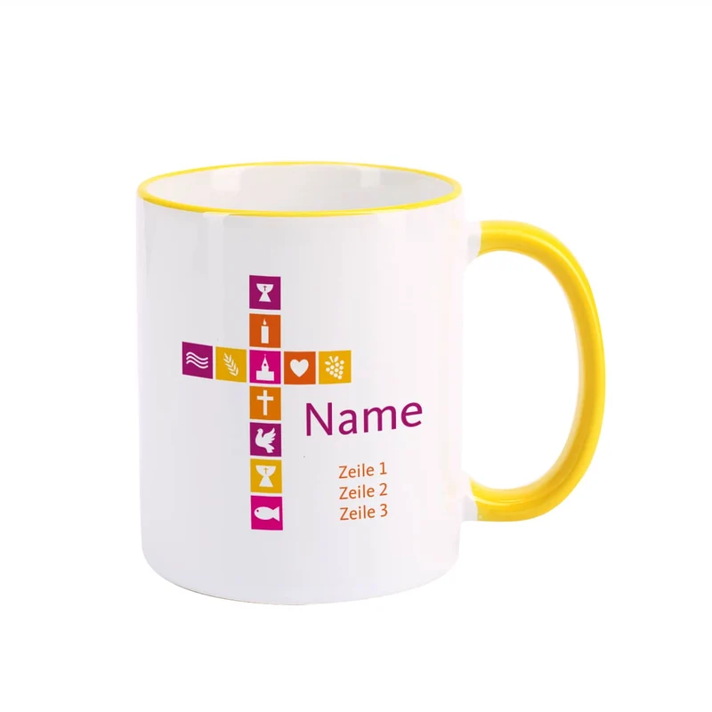 Tasse für Mädchen zu religiösem Anlass mit buntem Kreuz, Name und Wunschtext
