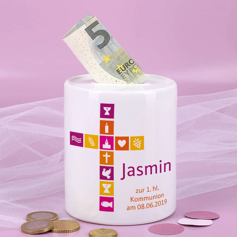 Spardose für Mädchen zur Taufe, Kommunion, Konfirmation mit Kreuz, Name und Wunschtext