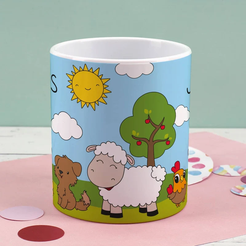 Kunststofftasse mit Bauernhoftieren und Ihrem Wunschnamen bedruckt | Tasse als Geschenk für Kinder