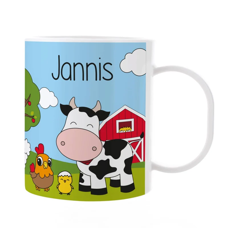 Kunststofftasse mit Bauernhoftieren und Ihrem Wunschnamen bedruckt | Tasse als Geschenk für Kinder