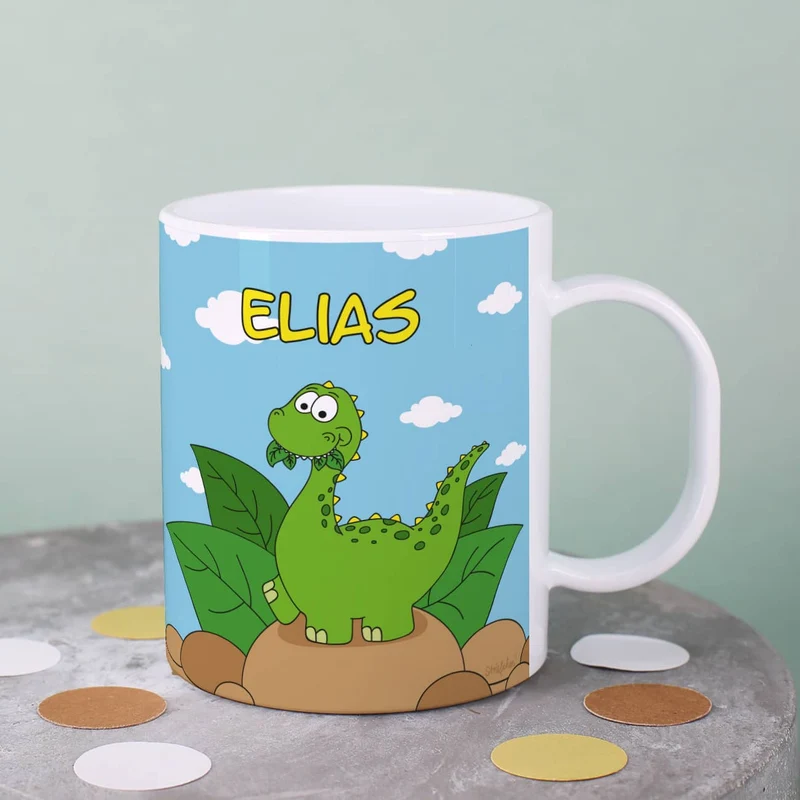 Kindertasse aus Kunststoff mit kleinem Dino und Ihrem Namen