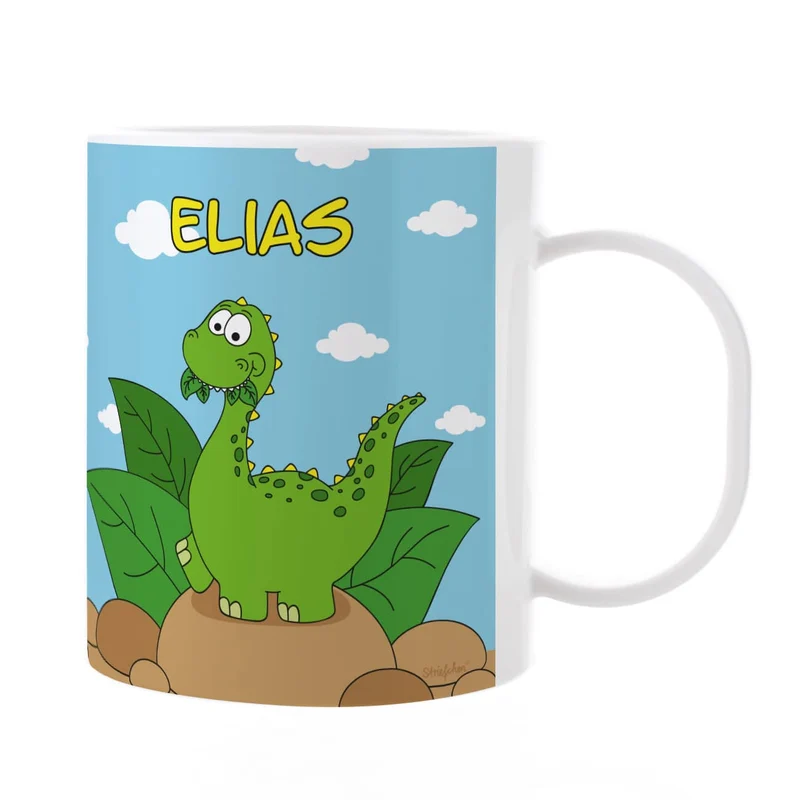 Kindertasse aus Kunststoff mit kleinem Dino und Ihrem Namen