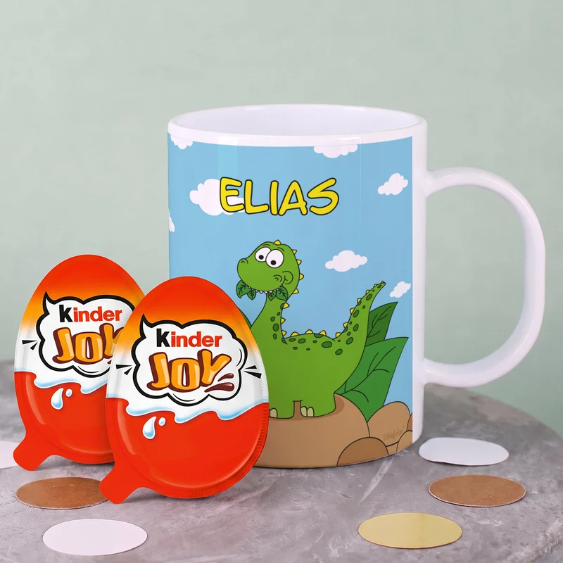 Kindertasse aus Kunststoff mit kleinem Dino und Ihrem Namen