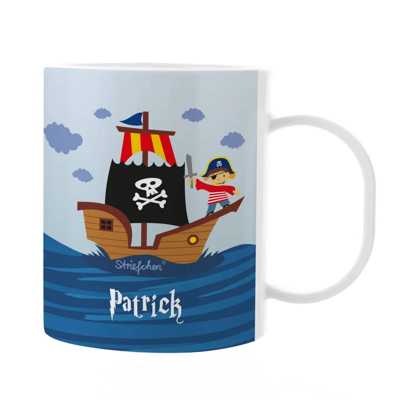 Tasse aus bruchfesten Kunststoff mit Piratenschiff und Name | Geschenk für Kinder & Einschulung