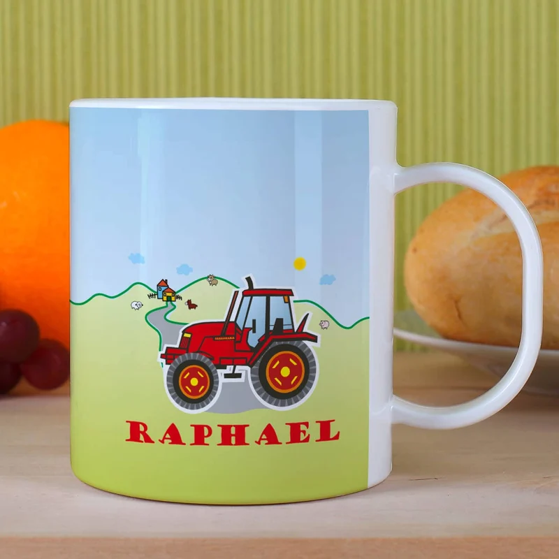 Kindertasse mit rotem Traktor und Wunschname | Geschenk für Kinder & Kindergarten