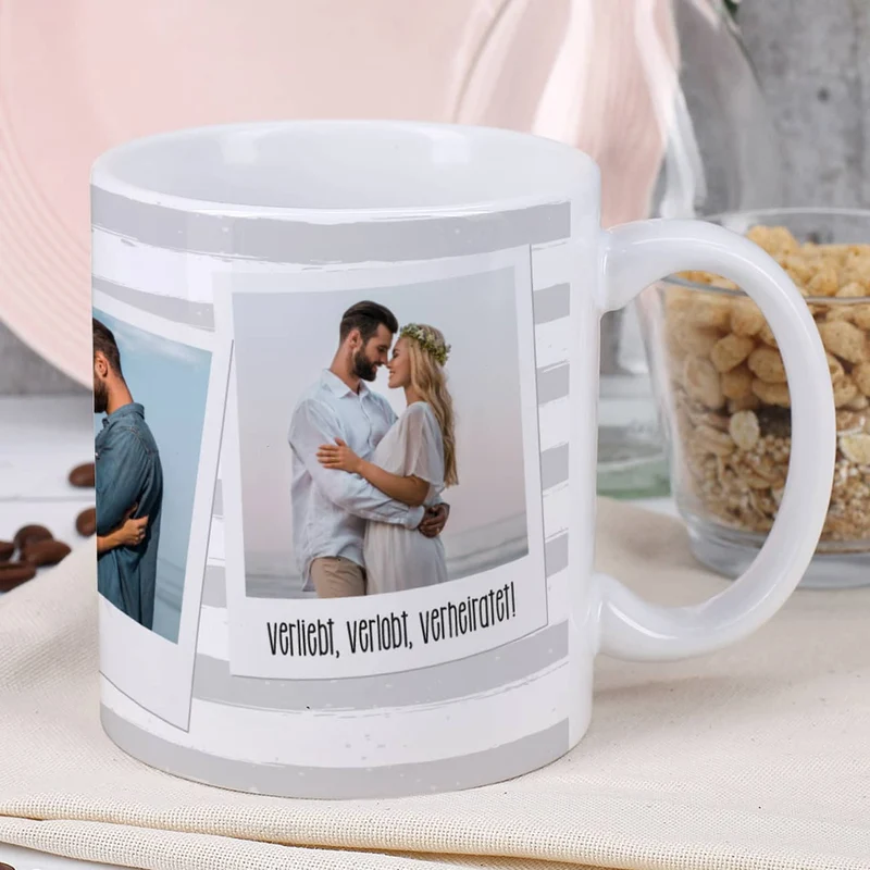 Tasse mit Ihren drei Lieblingsbildern und Wunschtexten