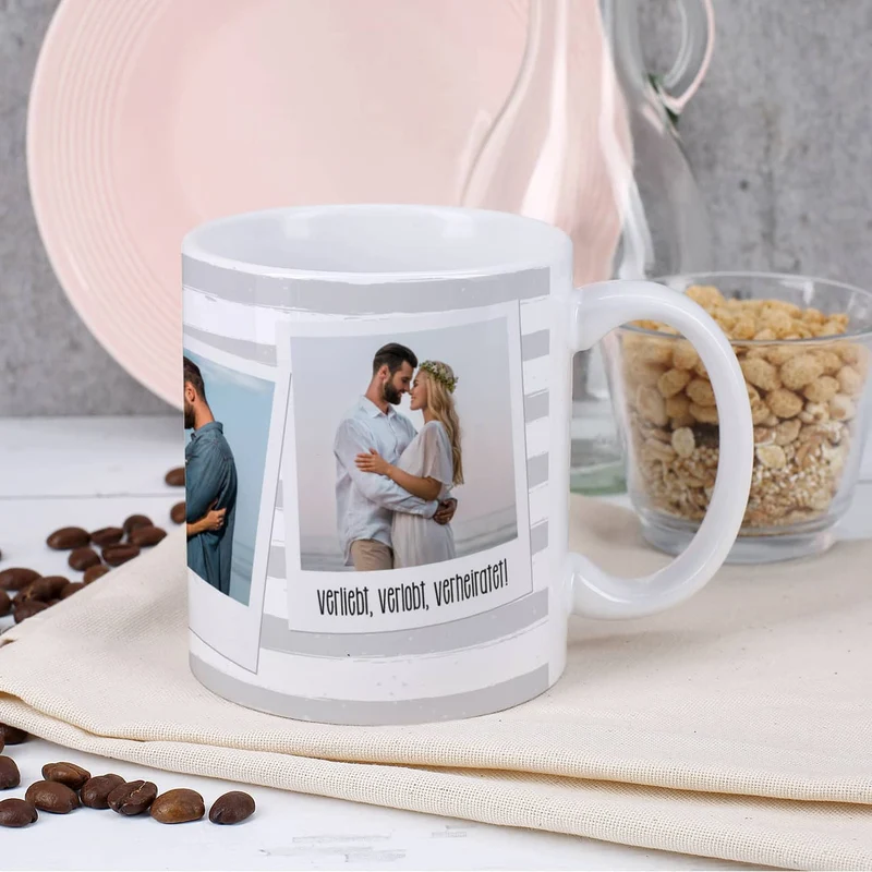 Tasse mit Ihren drei Lieblingsbildern und Wunschtexten