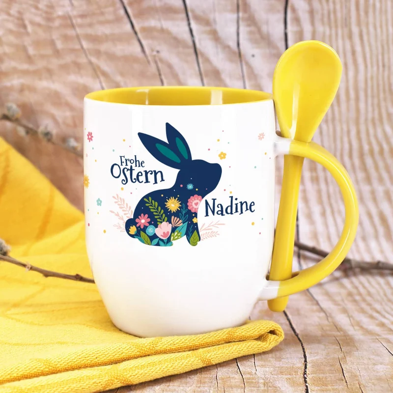 Frohe Ostern - Löffeltasse mit Osterhase und Name | Ostergeschenk