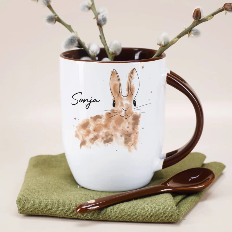 Löffeltasse mit Watercolor Hase und Ihrem Wunschnamen | Geschenk zu Ostern
