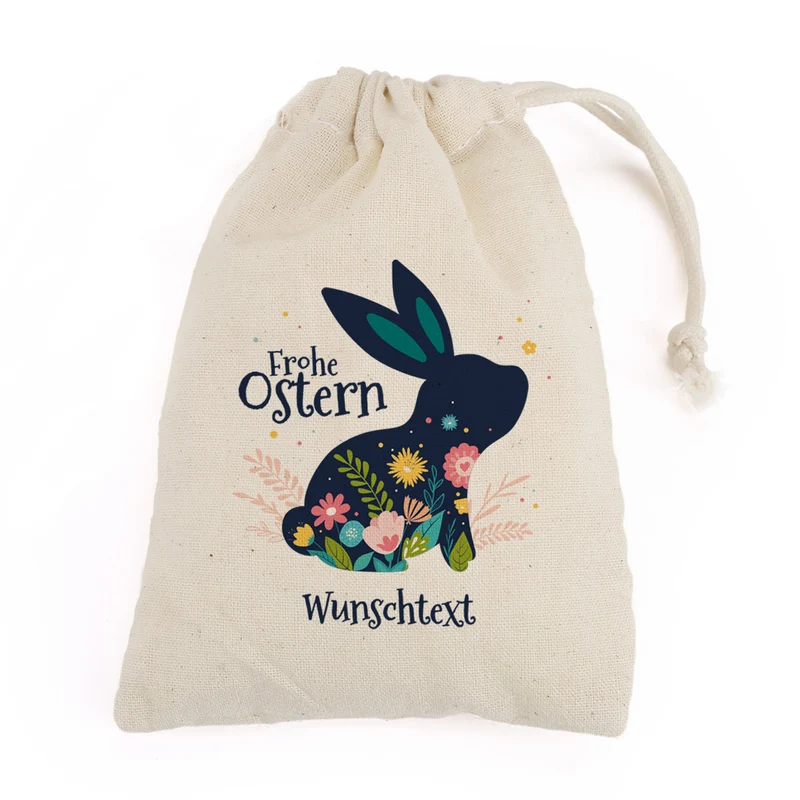 Kleiner Geschenksack mit Osterhase, Blüten und Wunschtext, 14 x 20 cm