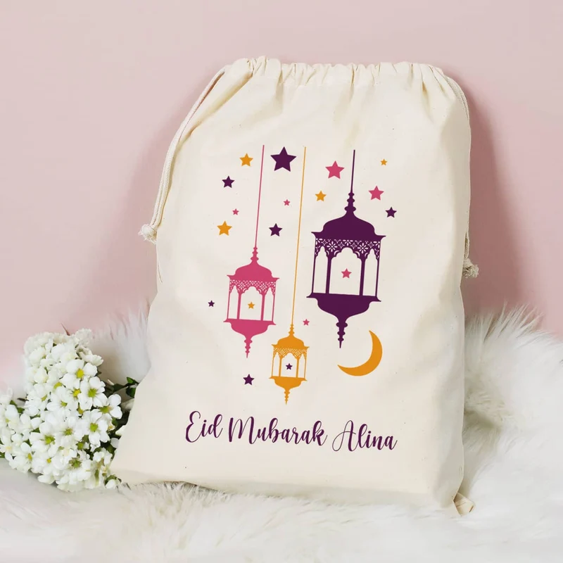 Großer Eid Geschenksack mit Laternen und Text, 2 Farben auswählbar, 40x50 cm