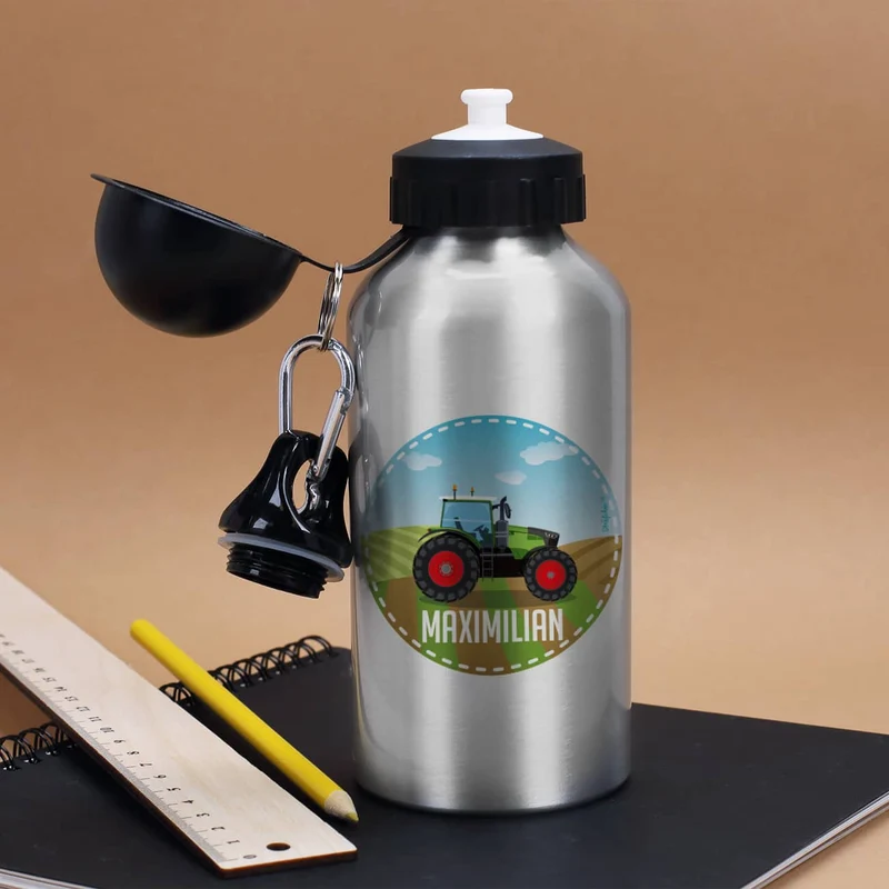 Trinkflasche in Silber mit Traktor und Ihrem Wunschnamen bedruckt