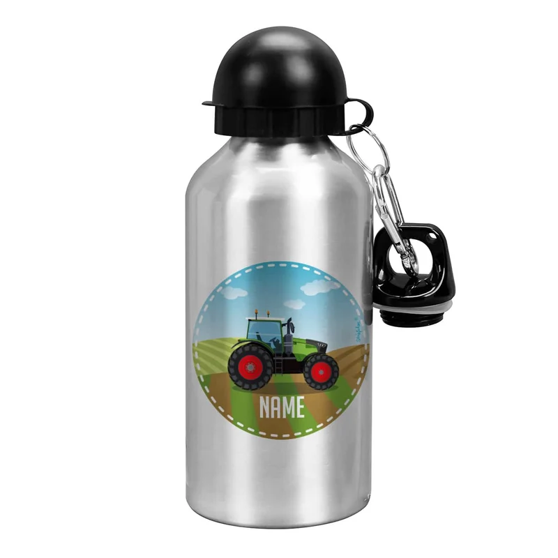Trinkflasche in Silber mit Traktor und Ihrem Wunschnamen bedruckt