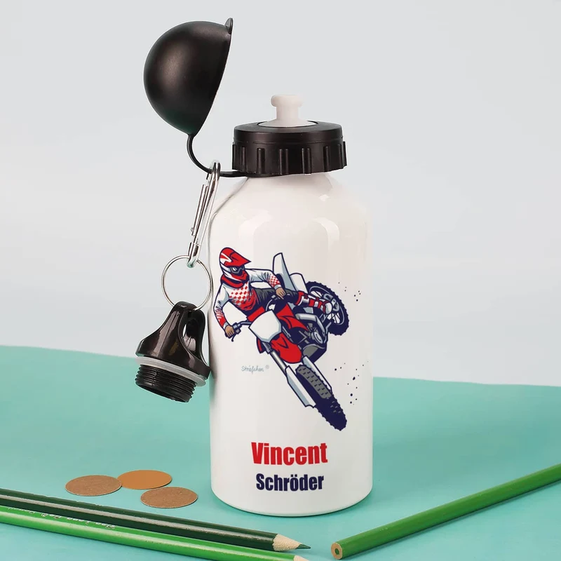 Weiße Trinkflasche aus Metall mit Motorrad-Motiv, Name und Text