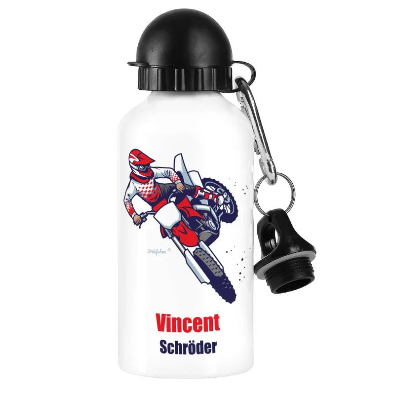 Weiße Trinkflasche aus Metall mit Motorrad-Motiv, Name und Text