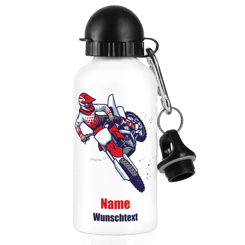 Weiße Trinkflasche aus Metall mit Motorrad-Motiv, Name und Text