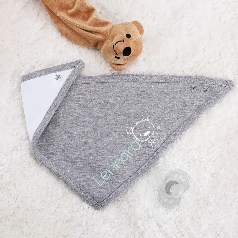 Graues Halstuch mit Teddybär und Name als Geschenk zur Geburt