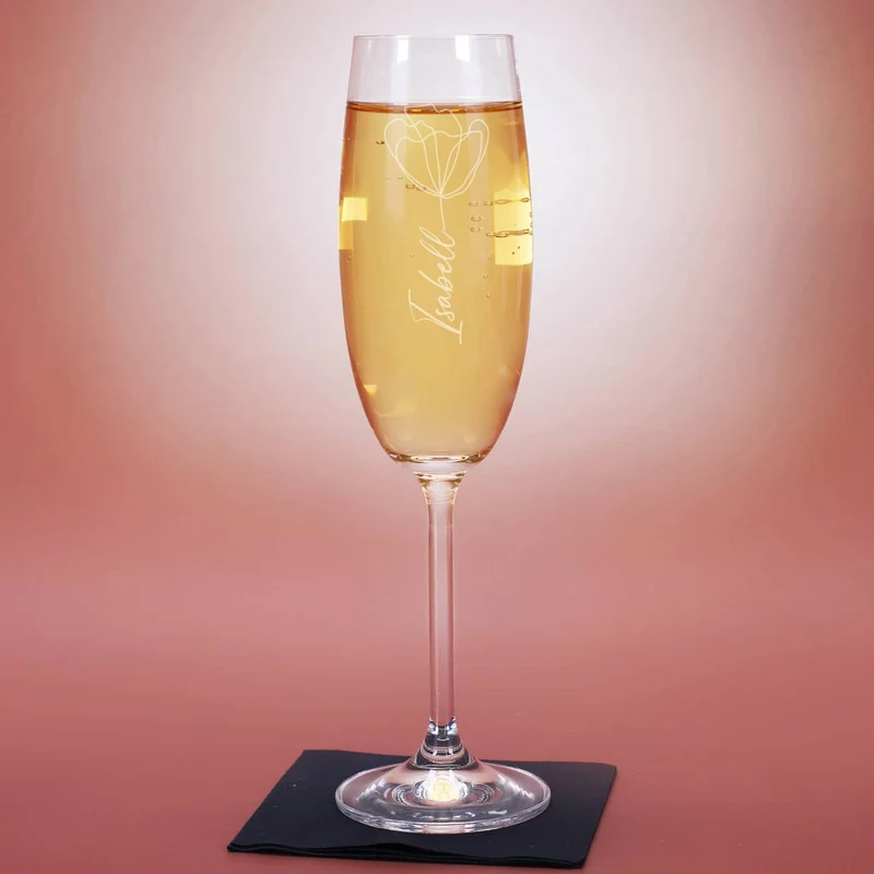 Graviertes Sektglas mit moderner Blüte und Ihrem Wunschnamen