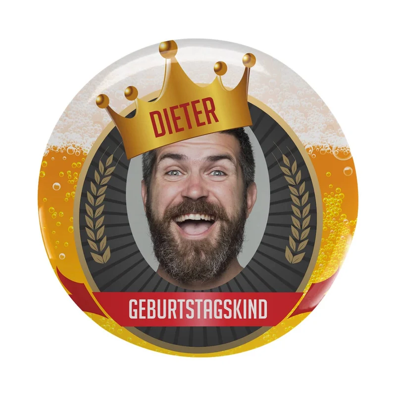 Lustiger XXL Bier-Button mit Ihrem Wunschfoto und eigenen Texten bedruckt