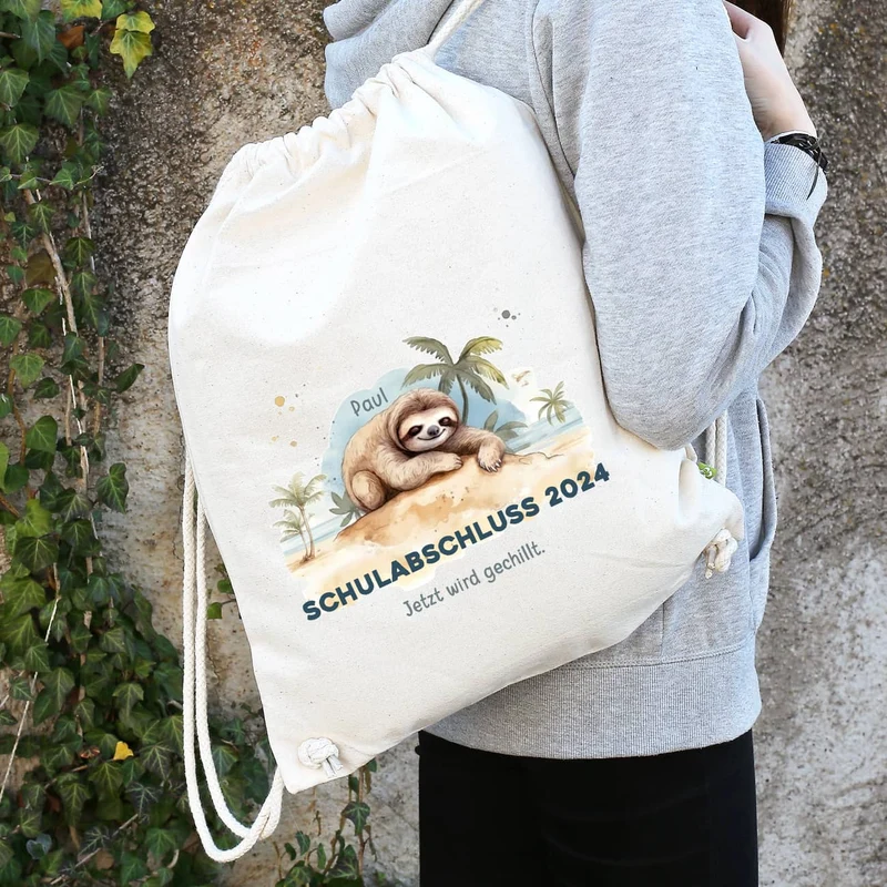 ABI & Schulabschluss - Baumwoll-Rucksack mit Faultier, Name und Wunschtext bedruckt