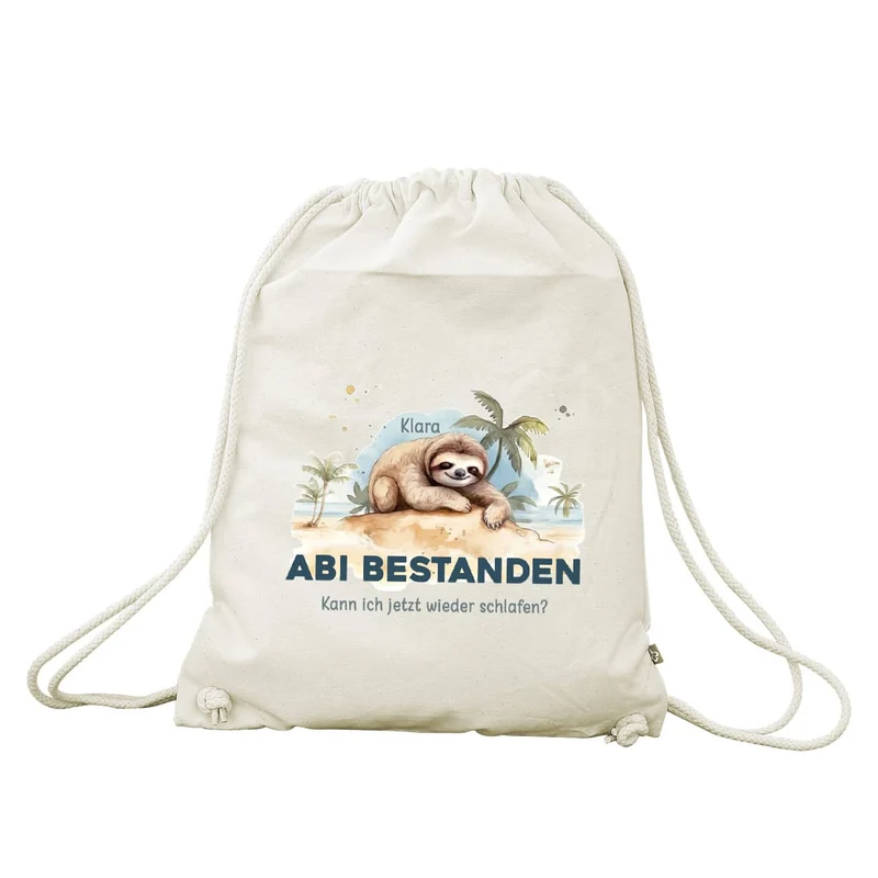 ABI & Schulabschluss - Baumwoll-Rucksack mit Faultier, Name und Wunschtext bedruckt