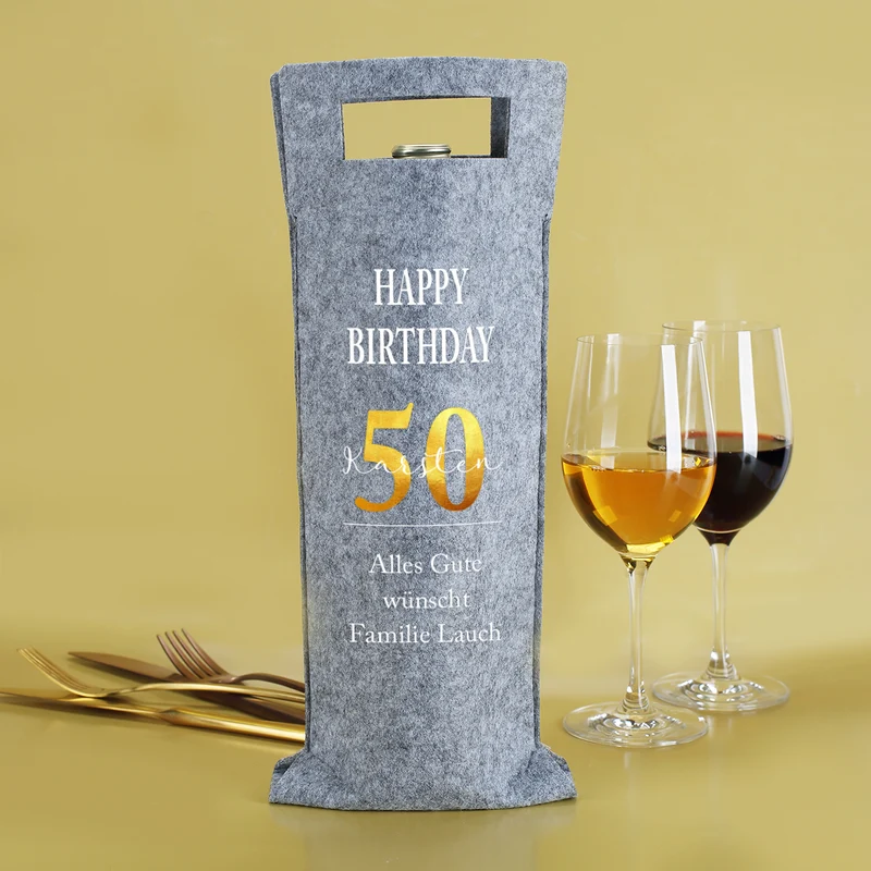 Flaschentasche aus Filz zum Geburtstag mit Name, Alter und Wunschtext