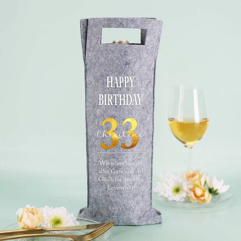 Flaschentasche aus Filz zum Geburtstag mit Name, Alter und Wunschtext