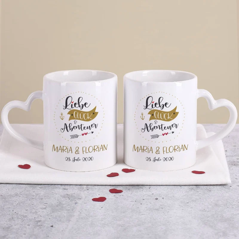 Paartassen zur Hochzeit mit Namen und Datum - Valentinstagsgeschenk