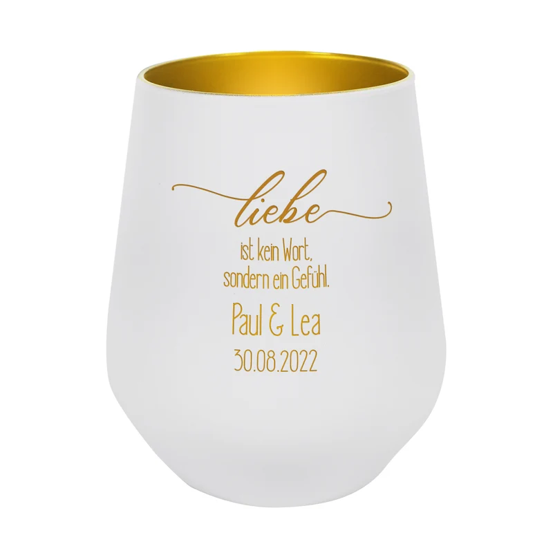 Weißes Windlicht zur Hochzeit - Liebe ist kein Wort, sondern ein Gefühl - mit Namen und Datum