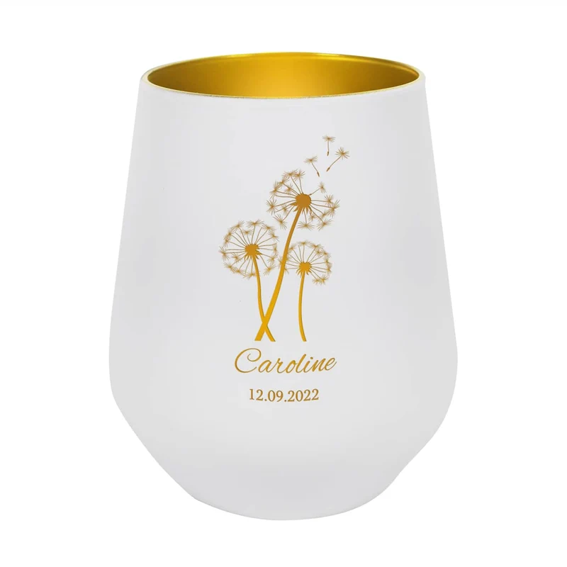 Trauerwindlicht mit Pusteblume, Name und Datum