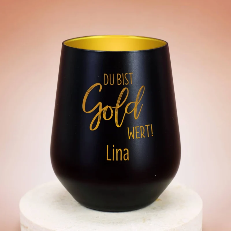 Du bist Gold wert! - Kerzenbecher in Schwarz oder Weiß mit Namensgravur