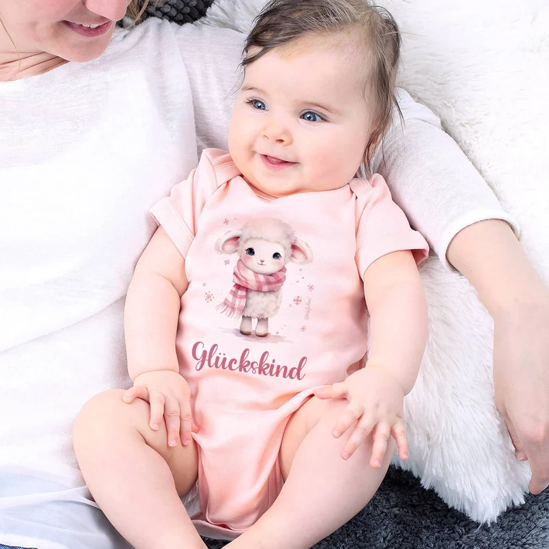 Babybody in Rosa mit Schäfchen und Wunschtext