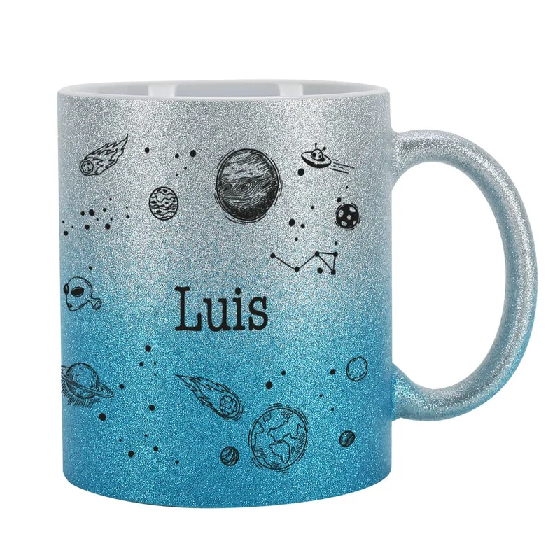 blaue Glitzertasse mit coolem Weltallmotiv