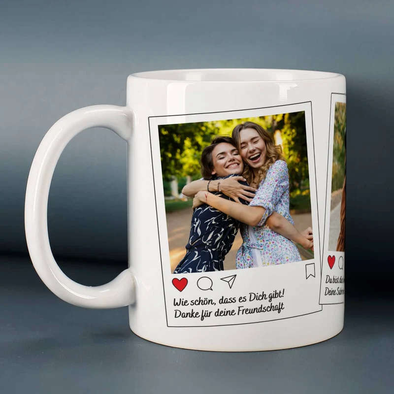 Instagram Post Tasse mit 3 Fotos und Wunschtexten