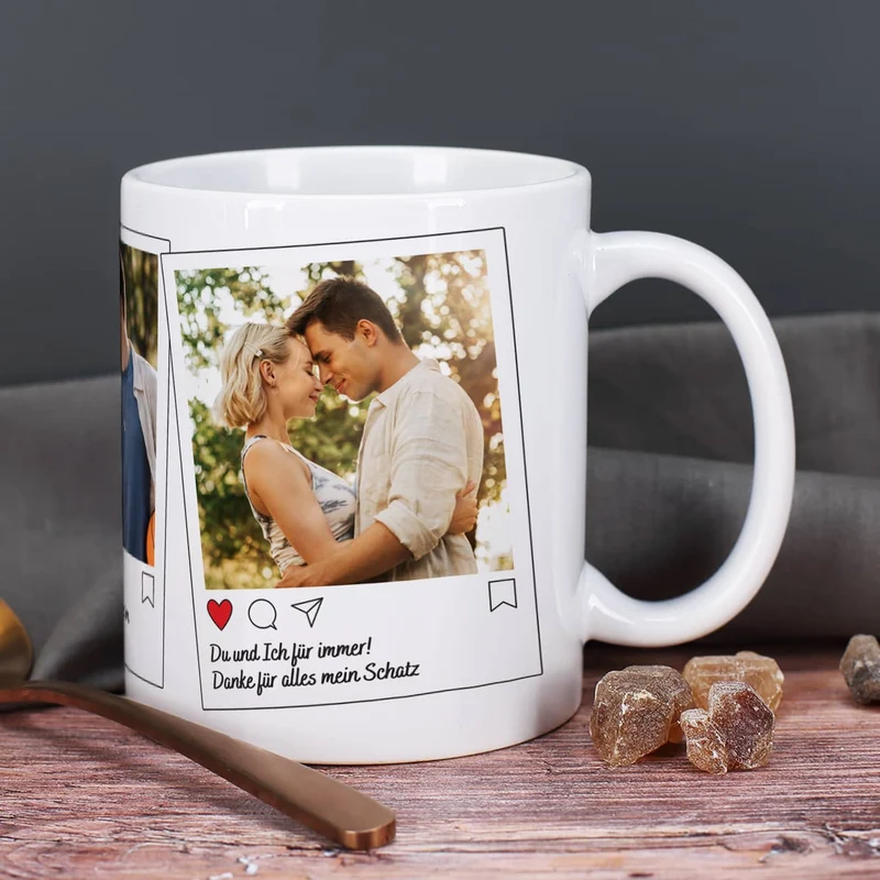 Instagram Post Tasse mit 3 Fotos und Wunschtexten